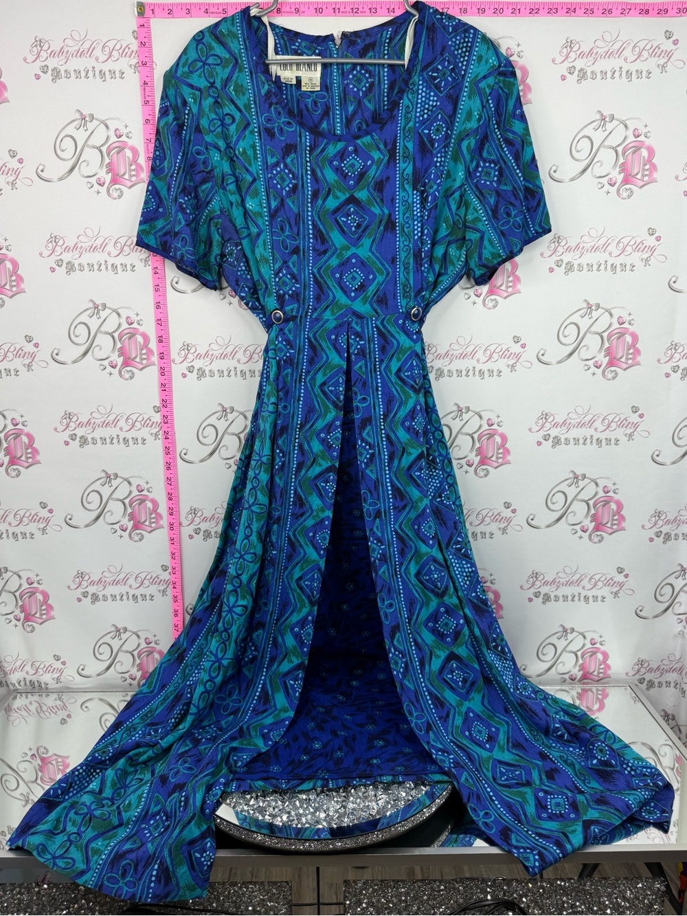 Coco Bianco dress vintage buttons Blue & Teal Geometric Maxi Dress